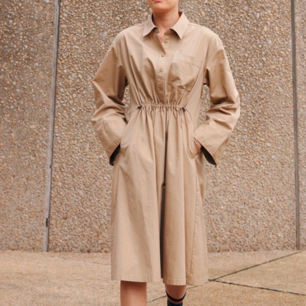 JW Anderson x Uniqlo Shirt Dress Womens S Beige Cotton Drawstring Waist Casual